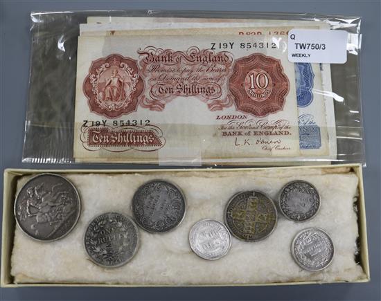 A small collection of British silver and copper coins (George II to Victoria) and four Bank of England notes,